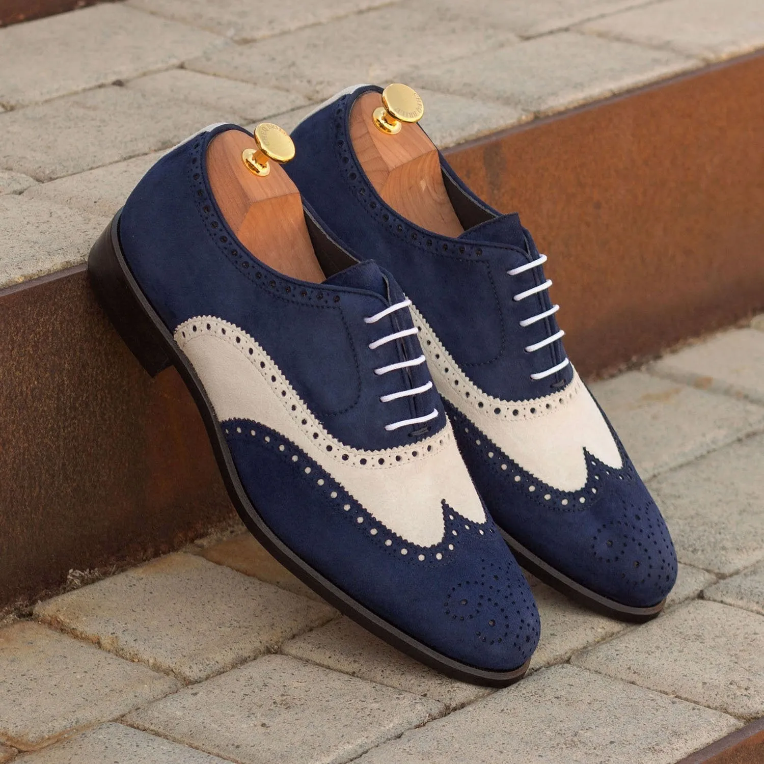 Ambrogio Bespoke Custom Men's Shoes Navy & White Suede Leather Full Brogue Oxfords (AMB2129)