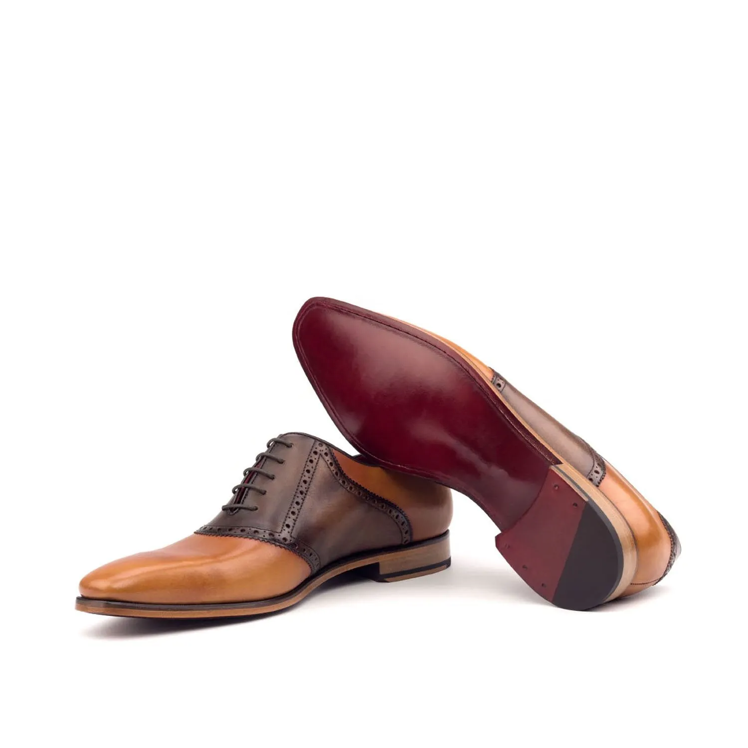 Ambrogio Bespoke Men's Handmade Custom Shoes Cognac & Dark Brown Calf-Skin Leather Saddle Oxfords (AMB1477)