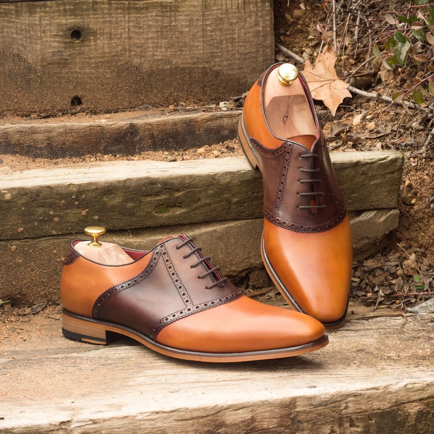 Ambrogio Bespoke Men's Handmade Custom Shoes Cognac & Dark Brown Calf-Skin Leather Saddle Oxfords (AMB1477)