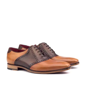 Ambrogio Bespoke Men's Handmade Custom Shoes Cognac & Dark Brown Calf-Skin Leather Saddle Oxfords (AMB1477)