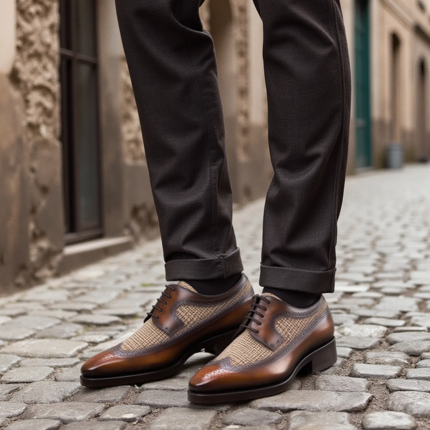 Ambrogio Bespoke Men's Shoes Fire Tweed Fabric / Patina Leather Blucher Oxfords (AMB2260)