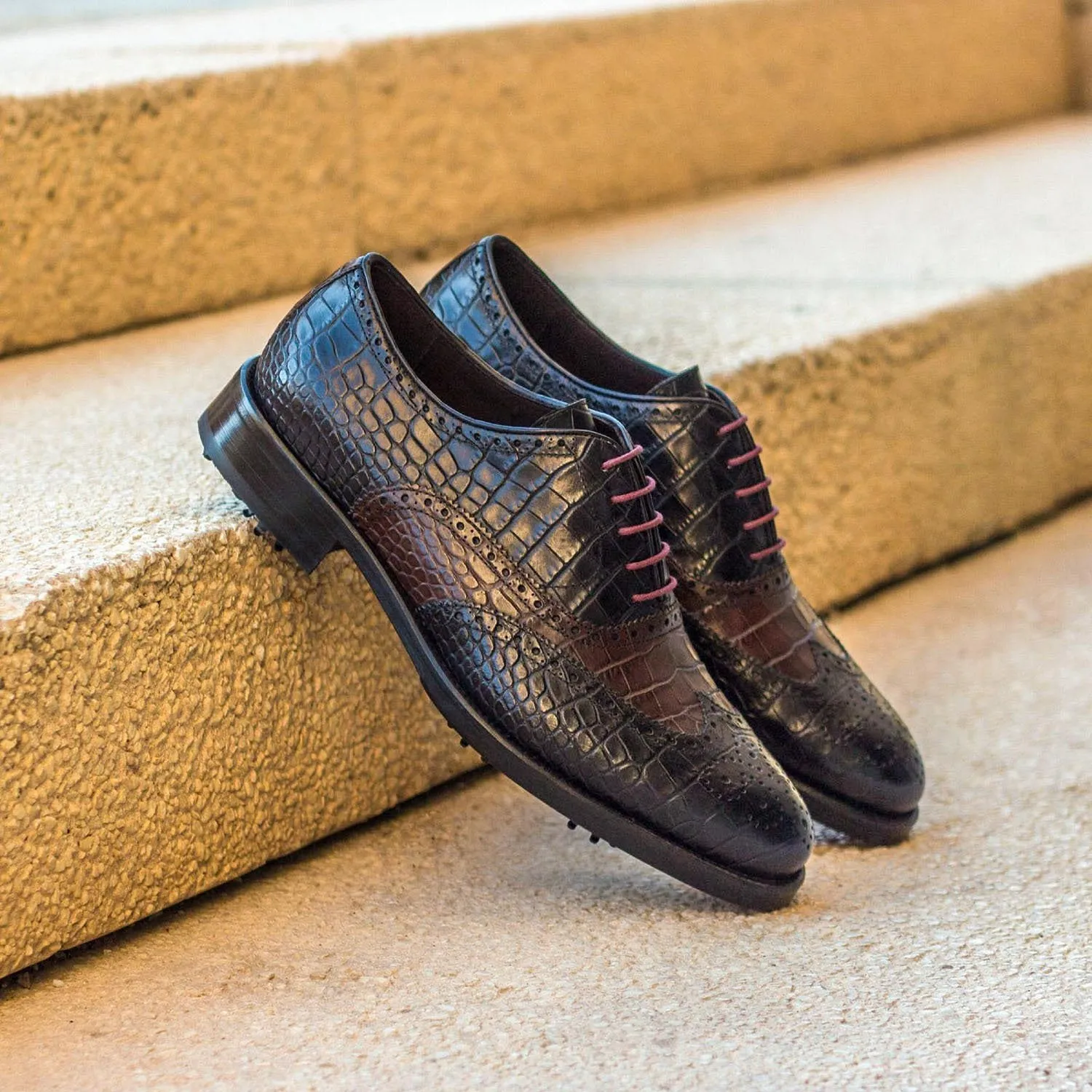 Ambrogio Men's Shoes Black & Dark Brown Crocodile Print / Calf-Skin Leather Brogue Oxfords (AMB2099)