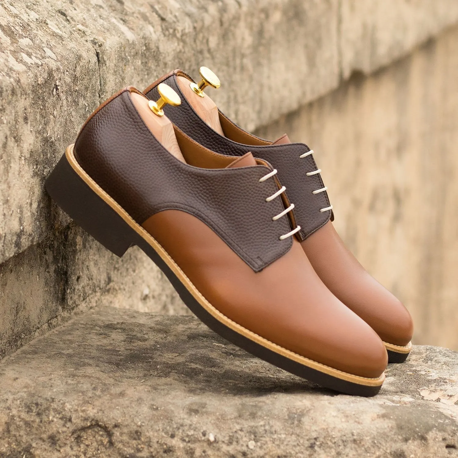 Ambrogio Men's Shoes Two Tone Brown Pebble Grain / Calf-Skin Leather Derby Oxfords (AMB2078)