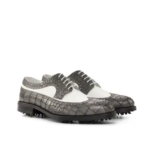 Ambrogio Men's Shoes White & Gray Crocodile Print / Calf-Skin Leather Wingtip Oxfords (AMB2087)