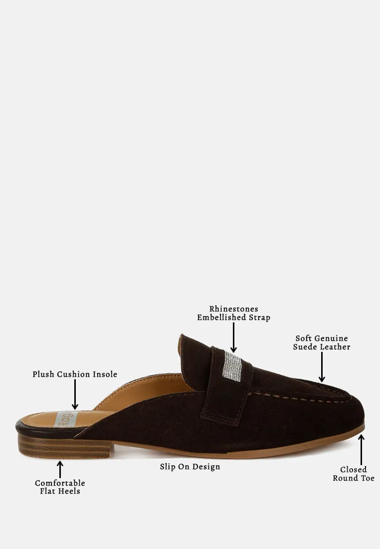 Belorose Rhinestone Strap Genuine Suede Mules