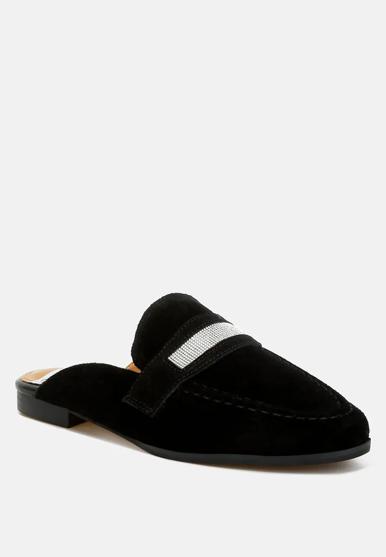 Belorose Rhinestone Strap Genuine Suede Mules