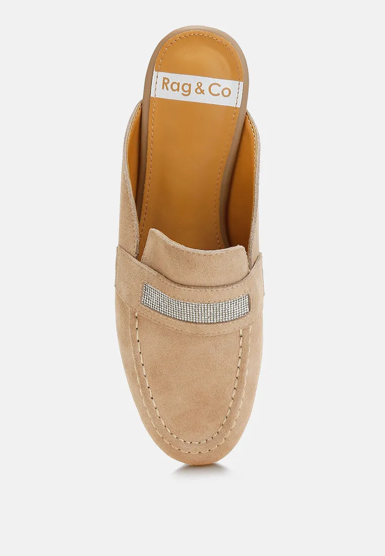 Belorose Rhinestone Strap Genuine Suede Mules
