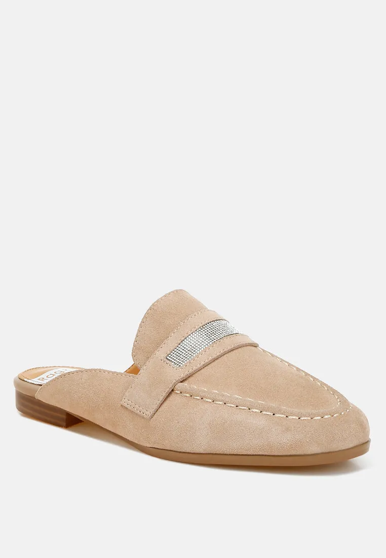 Belorose Rhinestone Strap Genuine Suede Mules