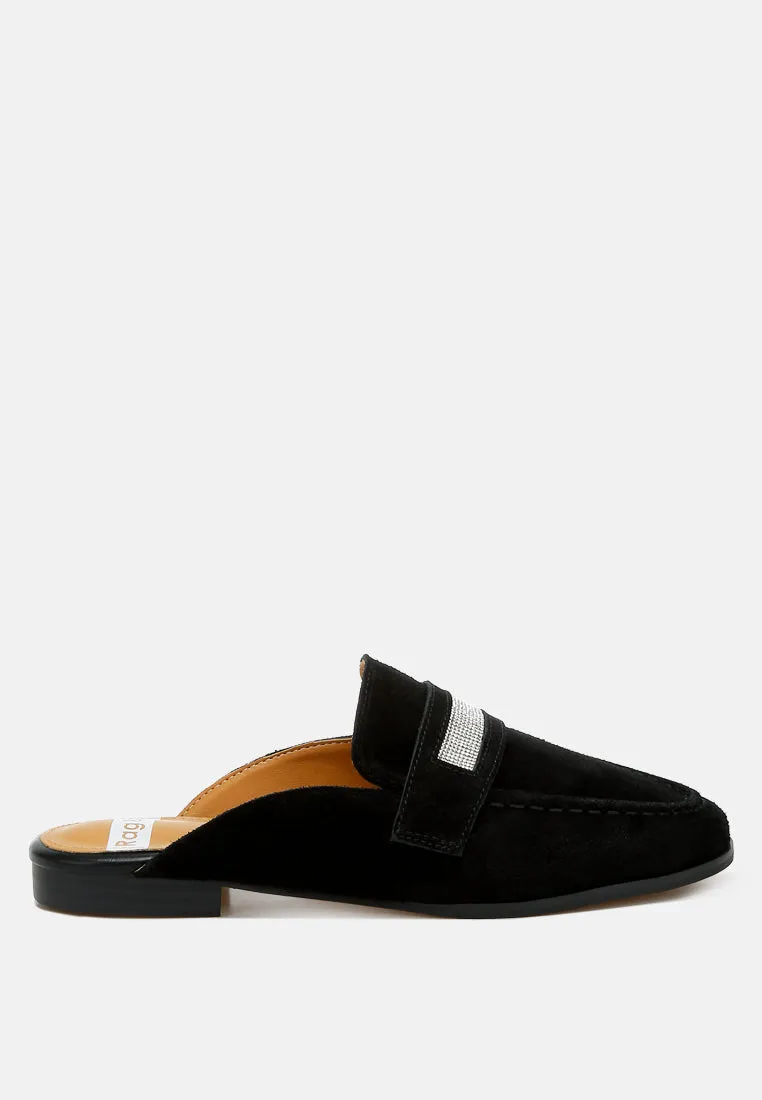 Belorose Rhinestone Strap Genuine Suede Mules