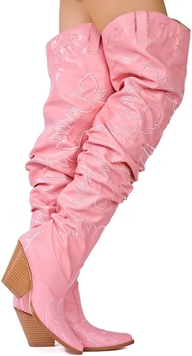 Cape Robbin Kelsey-30 Pink Rock Star Western Multi Thigh High Slouchy Heel Boots