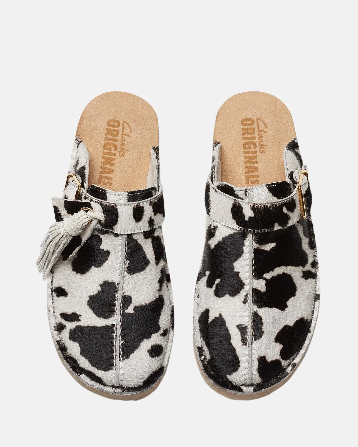 CLARKS ORIGINALS WOMENS TREK MULES COW PRINT HAIR ON