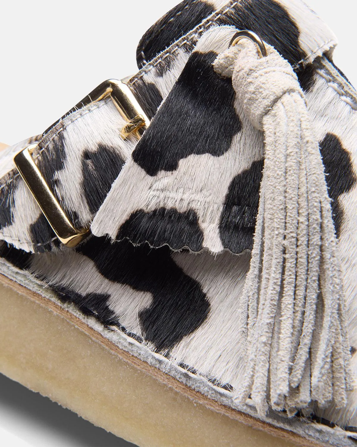 CLARKS ORIGINALS WOMENS TREK MULES COW PRINT HAIR ON