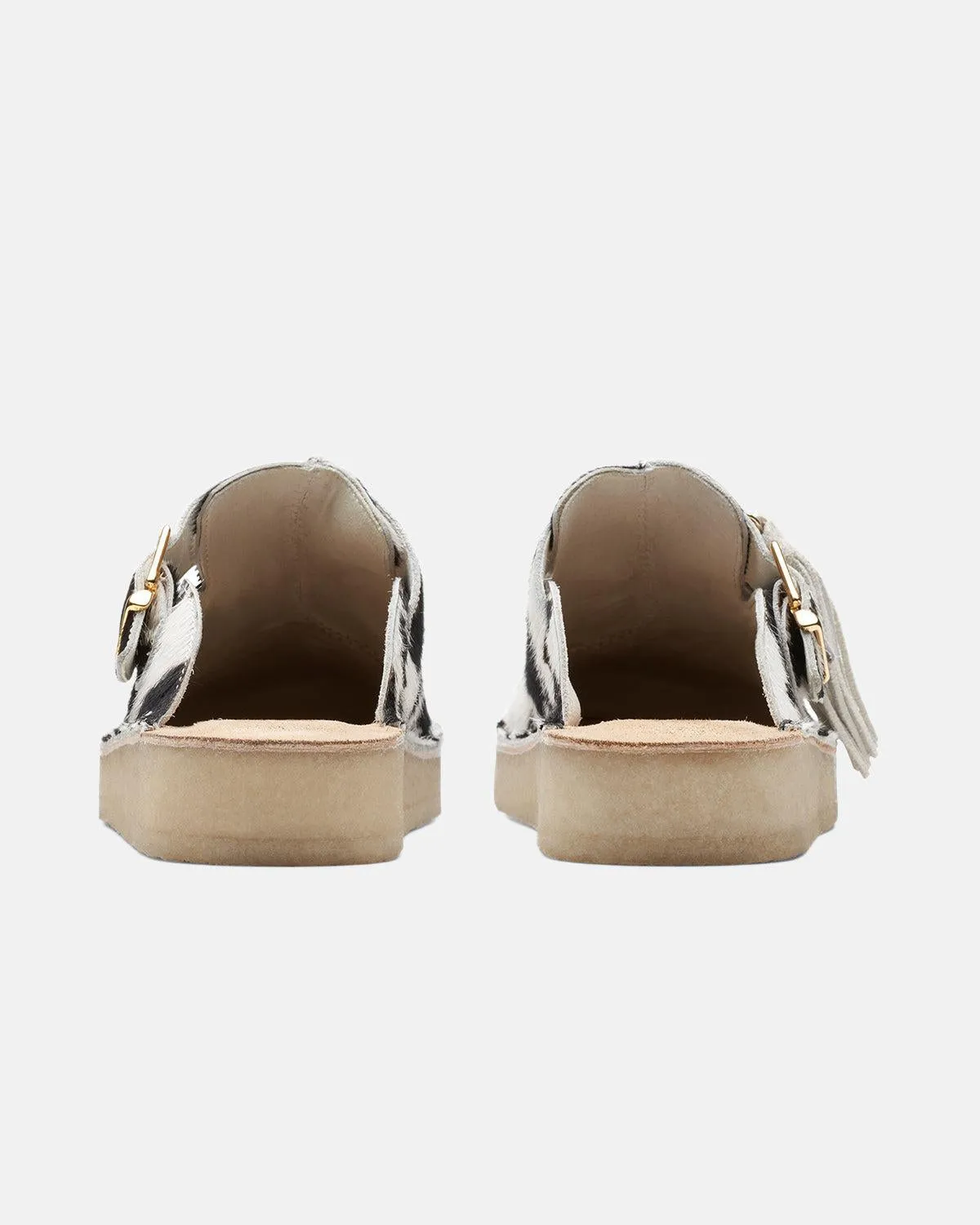CLARKS ORIGINALS WOMENS TREK MULES COW PRINT HAIR ON