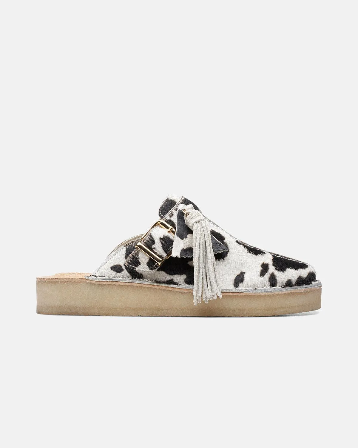 CLARKS ORIGINALS WOMENS TREK MULES COW PRINT HAIR ON