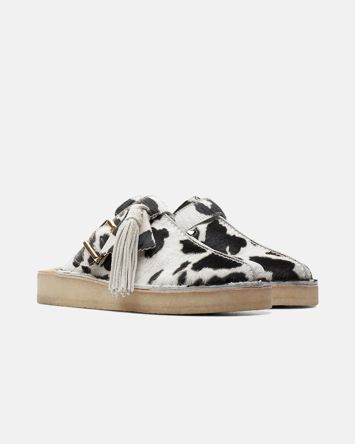 CLARKS ORIGINALS WOMENS TREK MULES COW PRINT HAIR ON