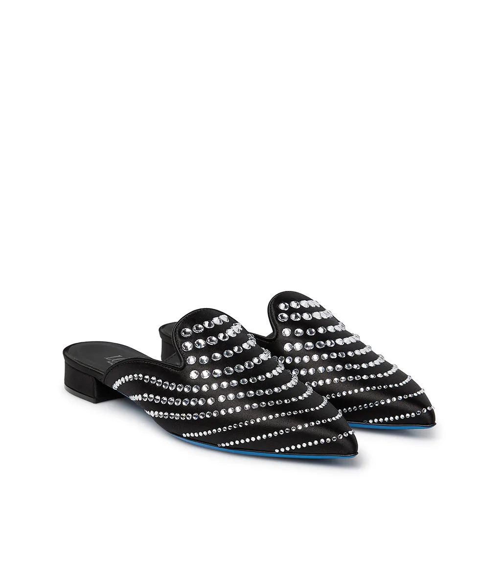 Crystal-embellished black satin mules