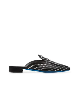 Crystal-embellished black satin mules