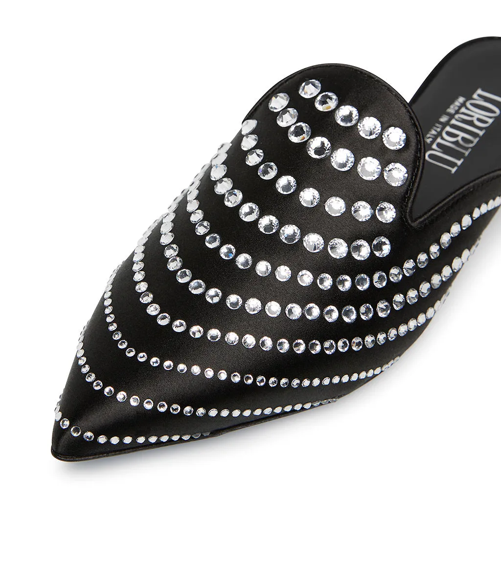 Crystal-embellished black satin mules
