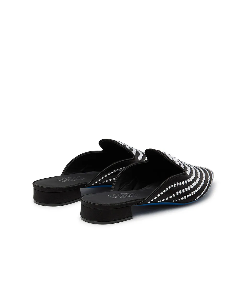 Crystal-embellished black satin mules