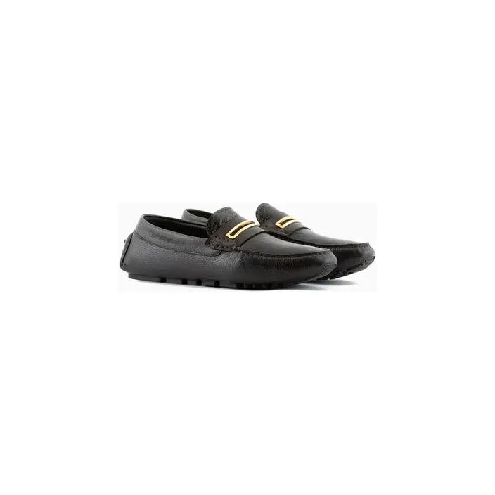 EMPORIO ARMANI PEBBLED LEATHER DRIVING LOAFERS WITH STIRRUP BAR