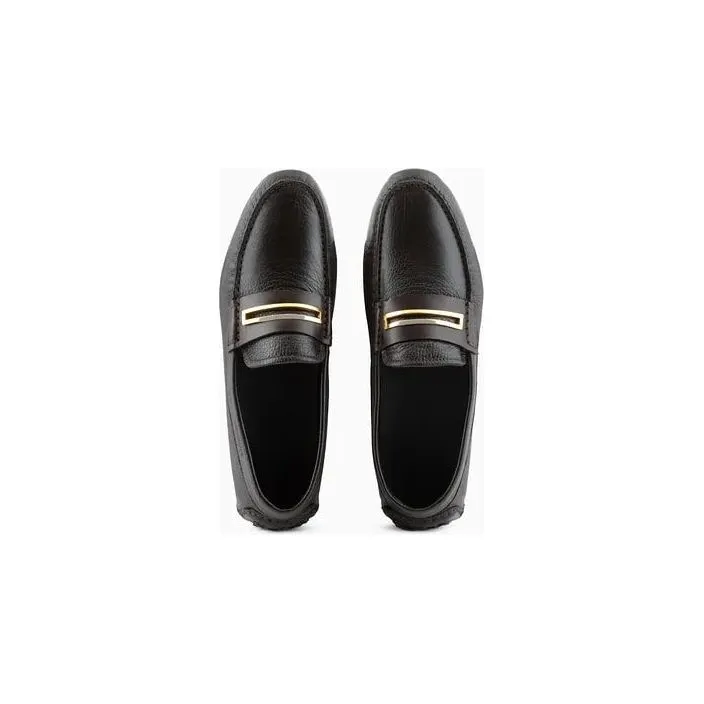 EMPORIO ARMANI PEBBLED LEATHER DRIVING LOAFERS WITH STIRRUP BAR