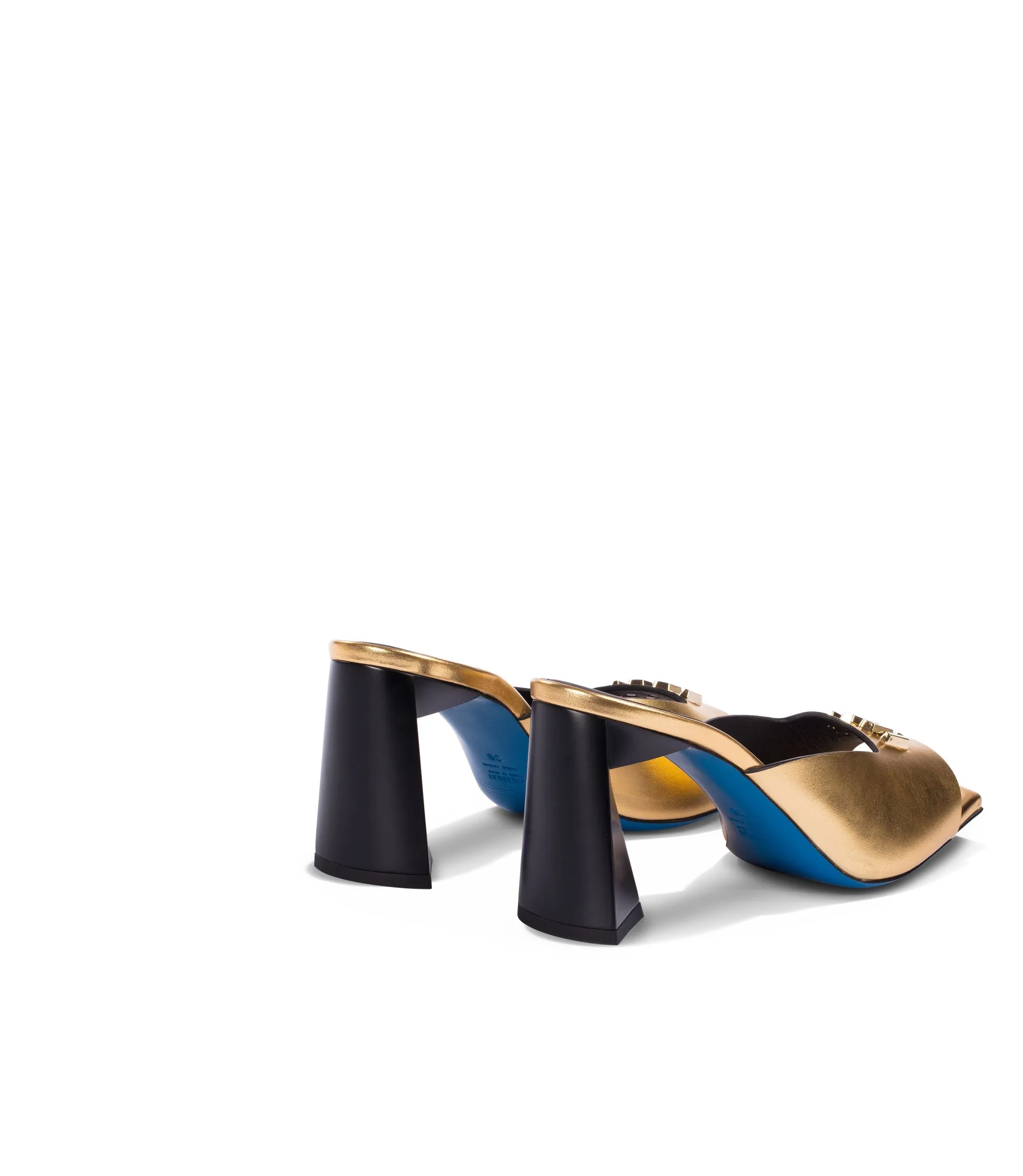 Logo-plaque gold-tone leather mules