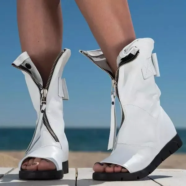 Sohiwoo Faux Leather Open Toe Flat Booties Zip Up Ankle Boots