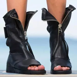 Sohiwoo Faux Leather Open Toe Flat Booties Zip Up Ankle Boots
