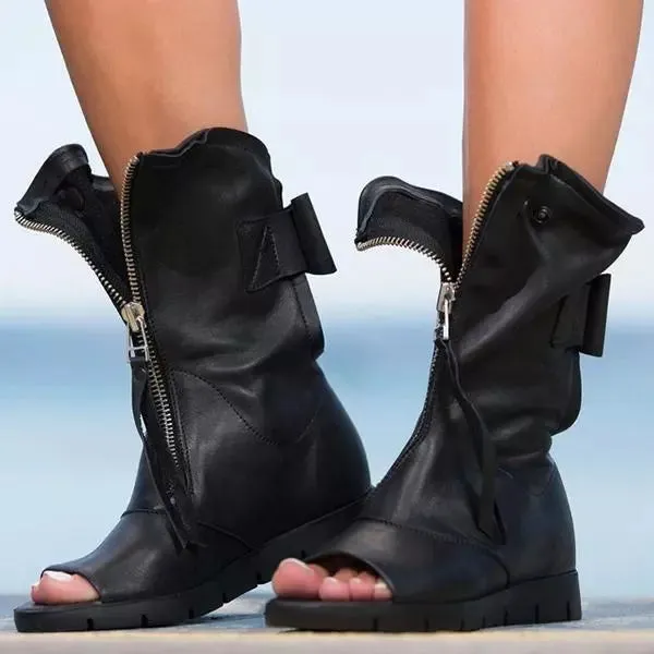 Sohiwoo Faux Leather Open Toe Flat Booties Zip Up Ankle Boots