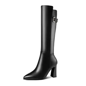 TinaCus Handmade Women's Genuine Leather Trendy Spool Heel Side Zip Up Chic Buckle Decor Pointed Toe Dress Boots
