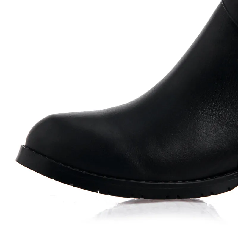 TinaCus Women's Genuine Leather Handmade Round Toe Side Zip Up Low Chunky Heel Black Knee High Boots with Stylish Buckle