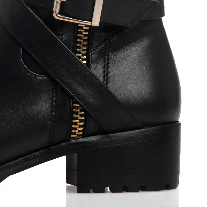 TinaCus Women's Genuine Leather Handmade Round Toe Side Zip Up Low Chunky Heel Black Knee High Boots with Stylish Buckle