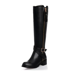 TinaCus Women's Genuine Leather Handmade Round Toe Side Zip Up Low Chunky Heel Black Knee High Boots with Stylish Buckle