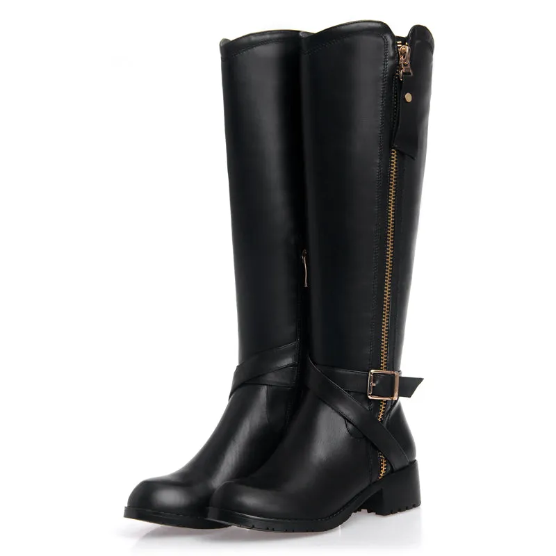 TinaCus Women's Genuine Leather Handmade Round Toe Side Zip Up Low Chunky Heel Black Knee High Boots with Stylish Buckle