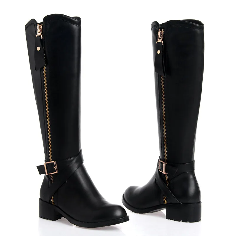 TinaCus Women's Genuine Leather Handmade Round Toe Side Zip Up Low Chunky Heel Black Knee High Boots with Stylish Buckle