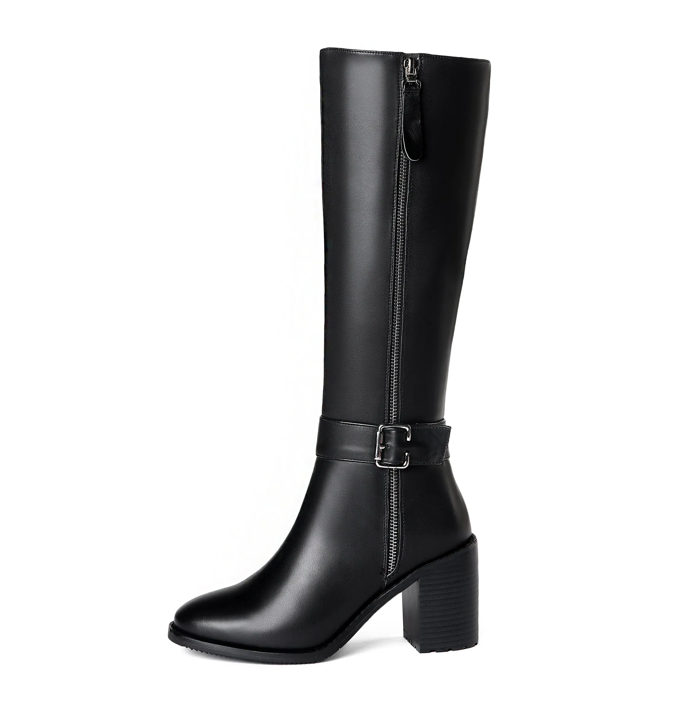 TinaCus Women's Genuine Leather Round Toe Handmade Buckled Dual Zippers High Chunky Heels Stylish Knee High Boots
