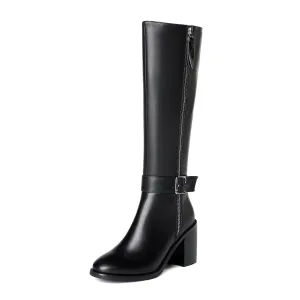TinaCus Women's Genuine Leather Round Toe Handmade Buckled Dual Zippers High Chunky Heels Stylish Knee High Boots
