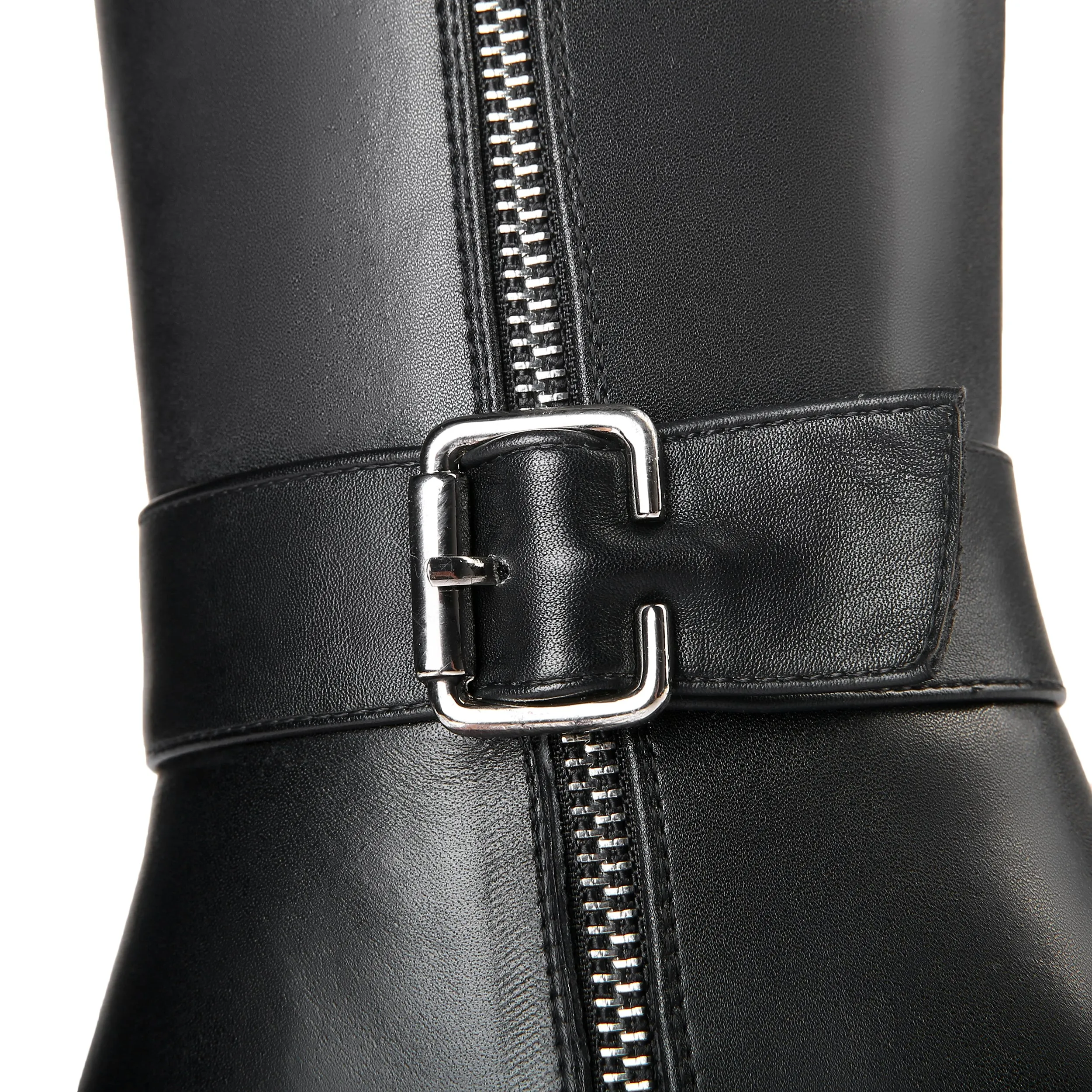TinaCus Women's Genuine Leather Round Toe Handmade Buckled Dual Zippers High Chunky Heels Stylish Knee High Boots