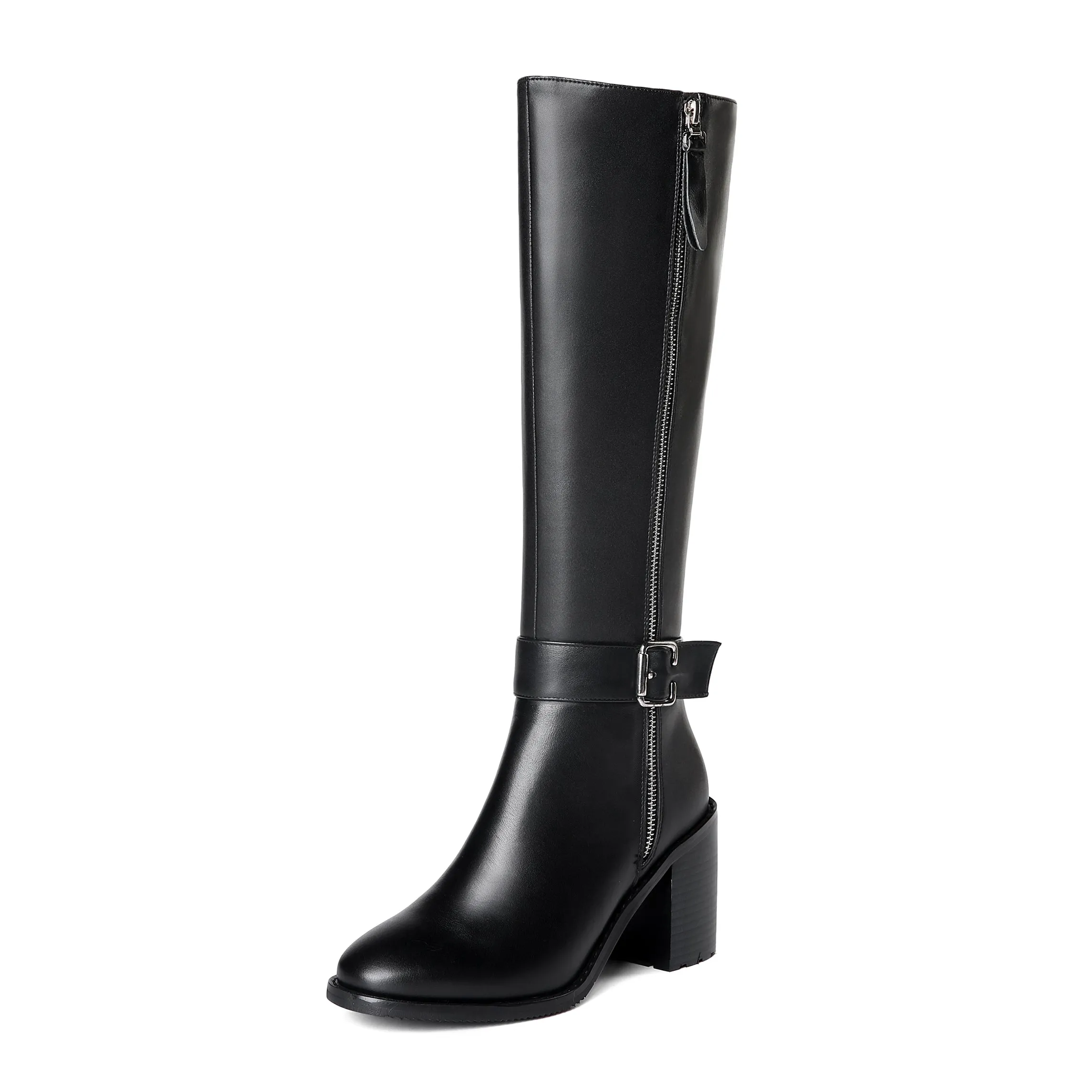 TinaCus Women's Genuine Leather Round Toe Handmade Buckled Dual Zippers High Chunky Heels Stylish Knee High Boots