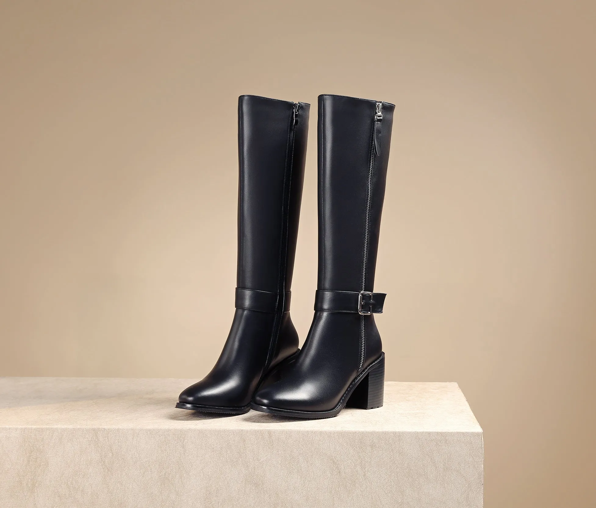 TinaCus Women's Genuine Leather Round Toe Handmade Buckled Dual Zippers High Chunky Heels Stylish Knee High Boots