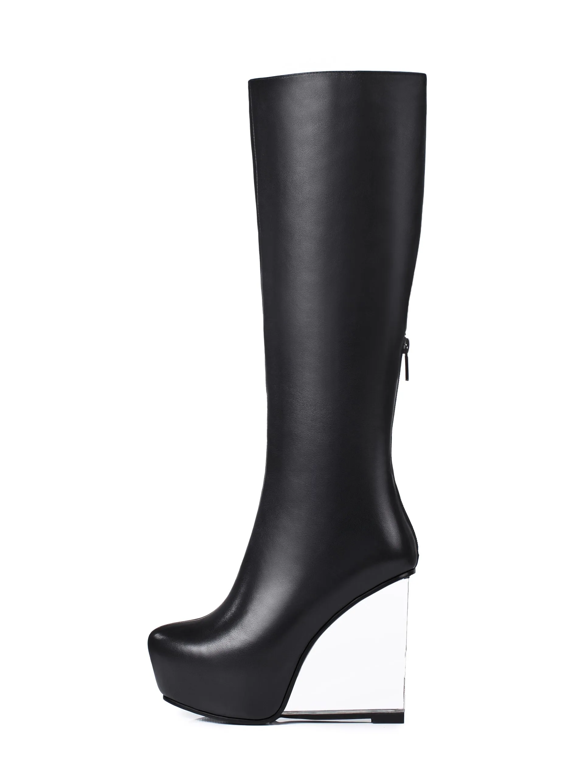 TinaCus Women's Handmade Genuine Leather Round Toe Transparent High Heel Half Zip Up Knee High Boots with Platform